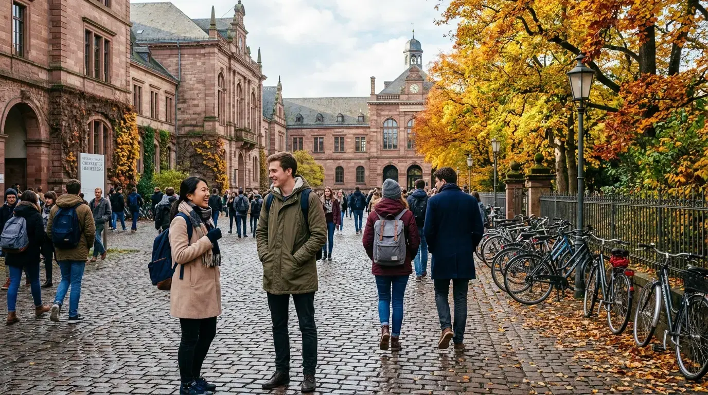 International university students walking on a European university campus in autumn
