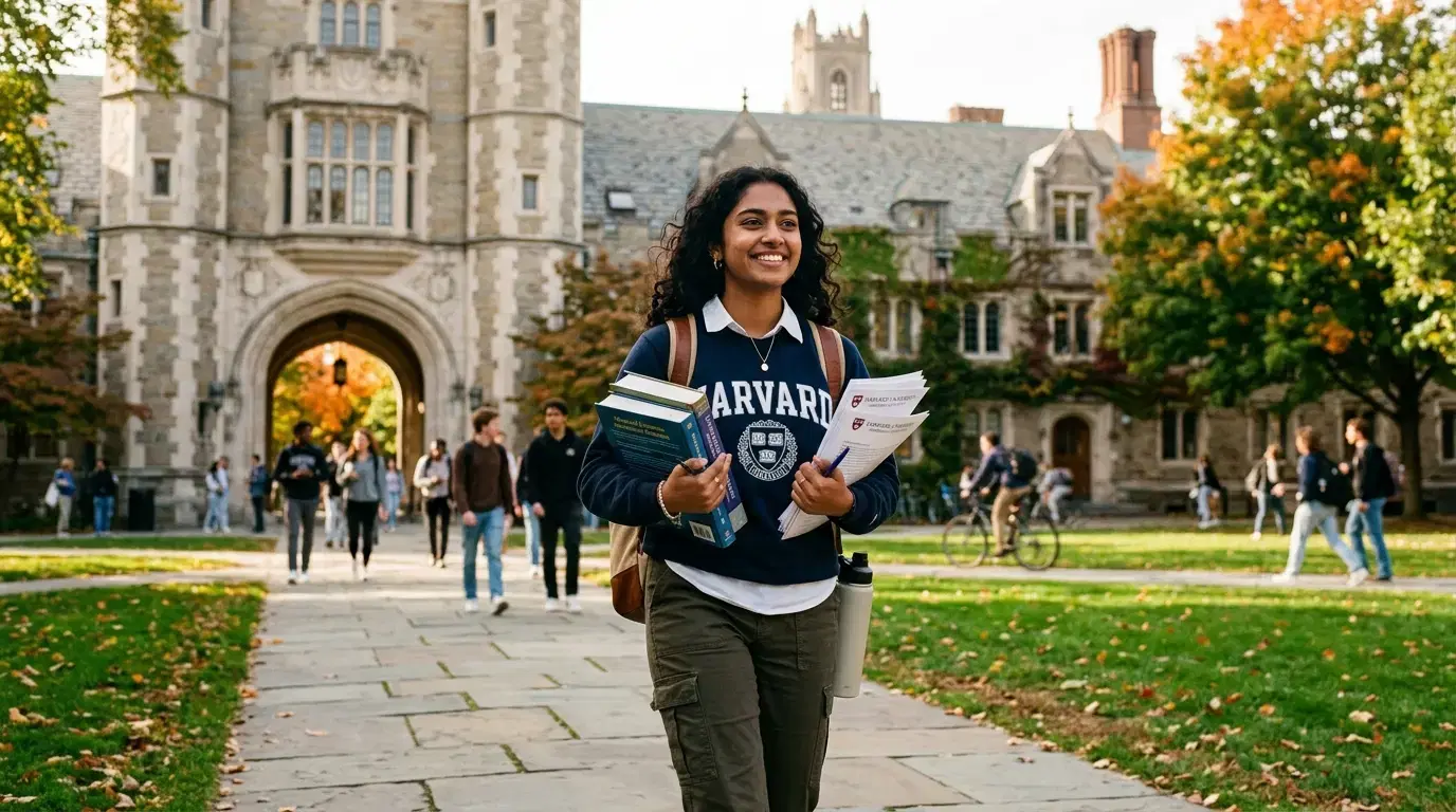 Ambitious international student smiling joyfully on a prestigious university campus
