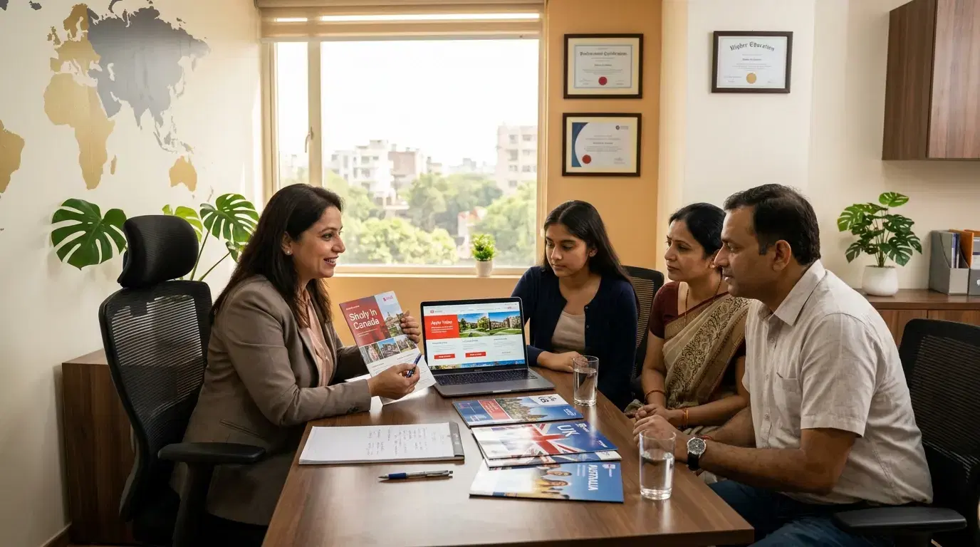 Study abroad counsellor meeting with an Indian family in a Delhi office