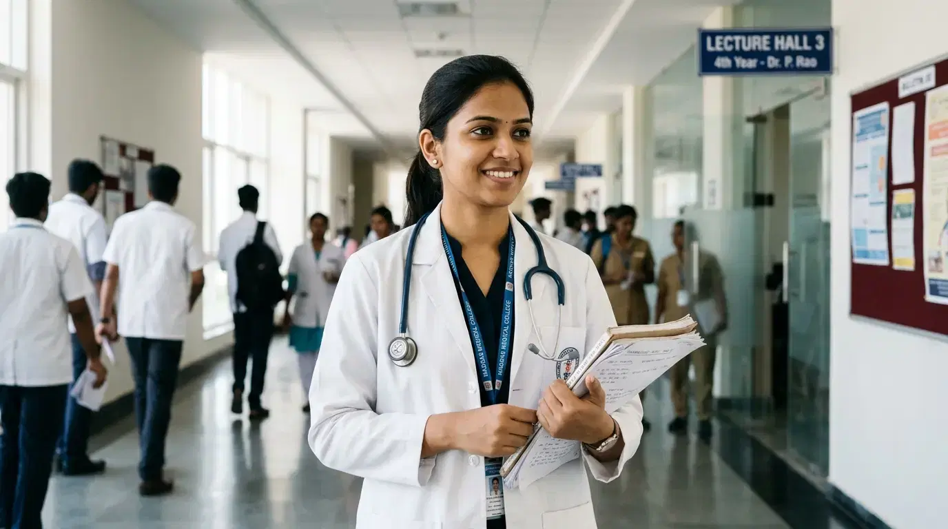 Indian medical student in white doctor coat with stethoscope in a university hospital